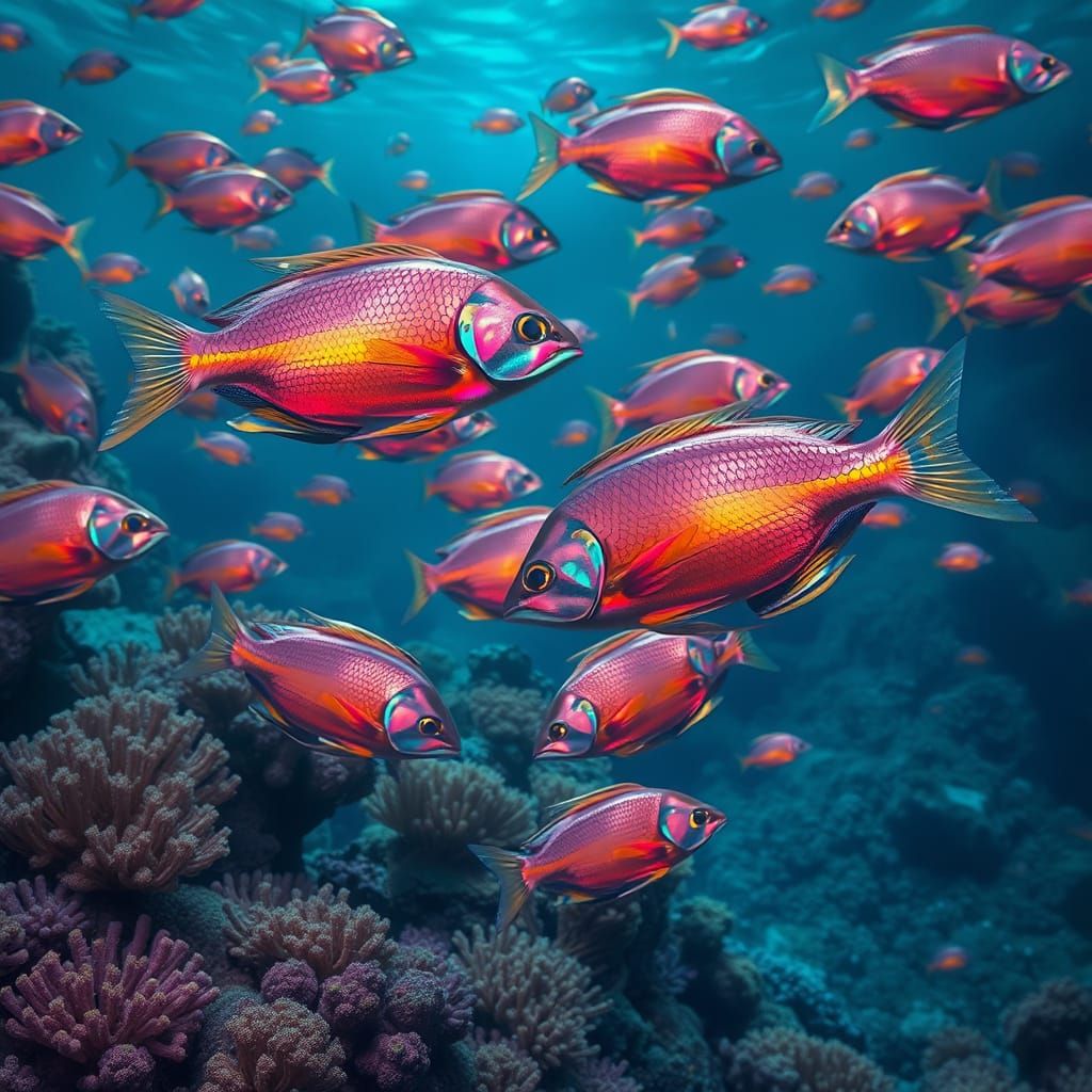 Vibrant Coral Reef Scene with Iridescent Fish