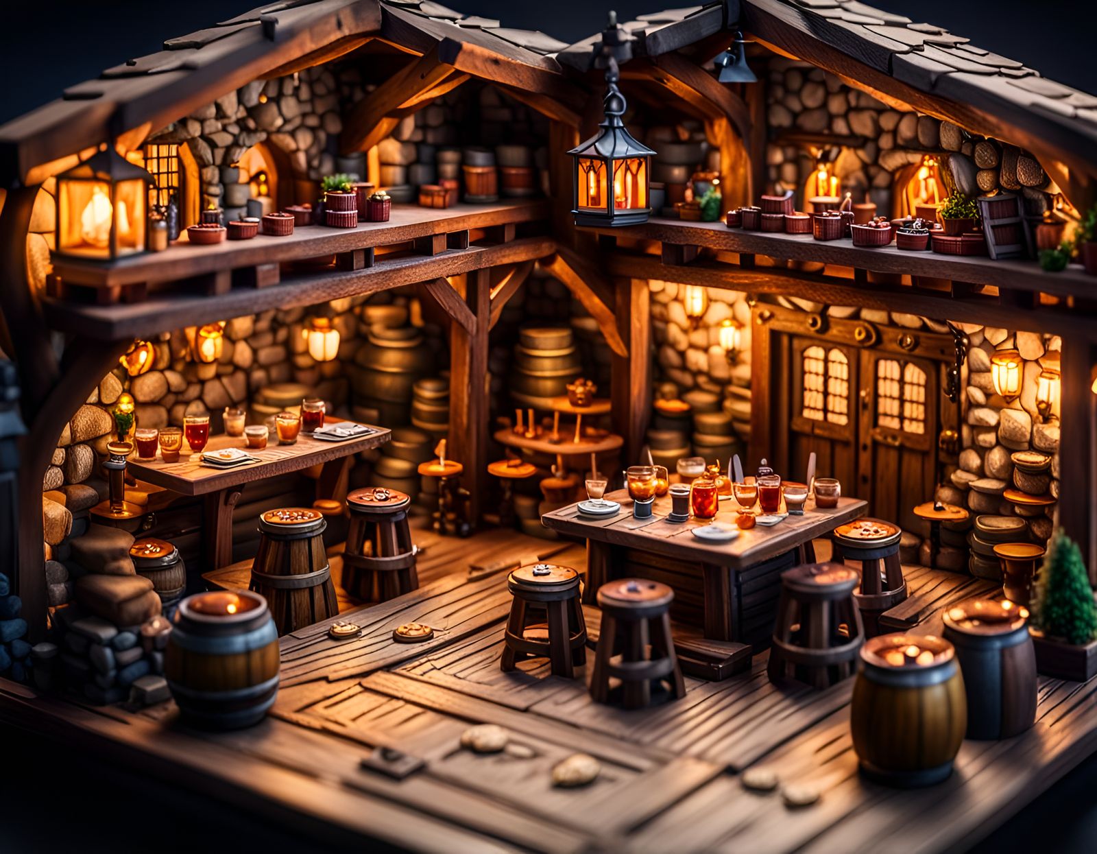Isometric Medieval Tavern Diorama: Detailed Miniature Scene