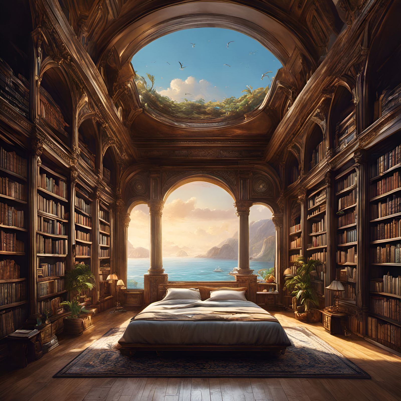 Hyperrealistic Ocean View Library Concept Art