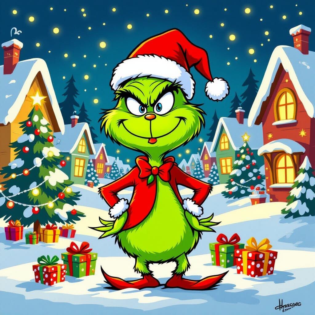 Grinch in Snowy Village with Santa Hat