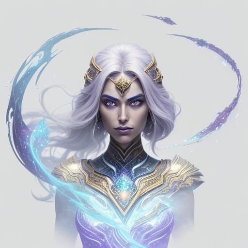 Cosmic Hero Woman with Ancient Gaze in Dramatic Fantasy Art