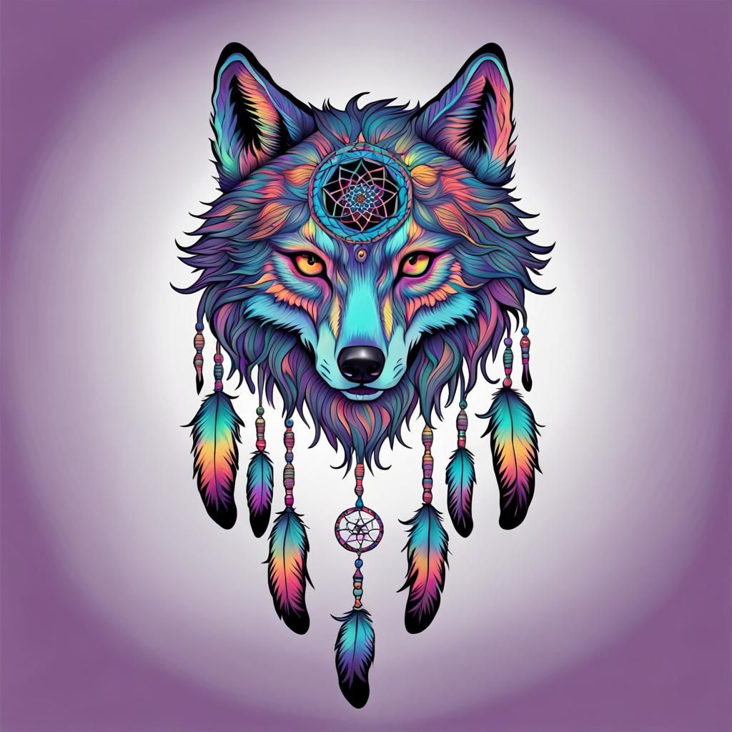 Psychedelic Ghost Wolf Dreamcatcher Artwork