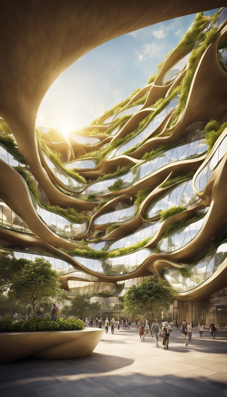 Solarpunk biomorphic block of flats in the shape of a sunflower with the leaves as solar panels