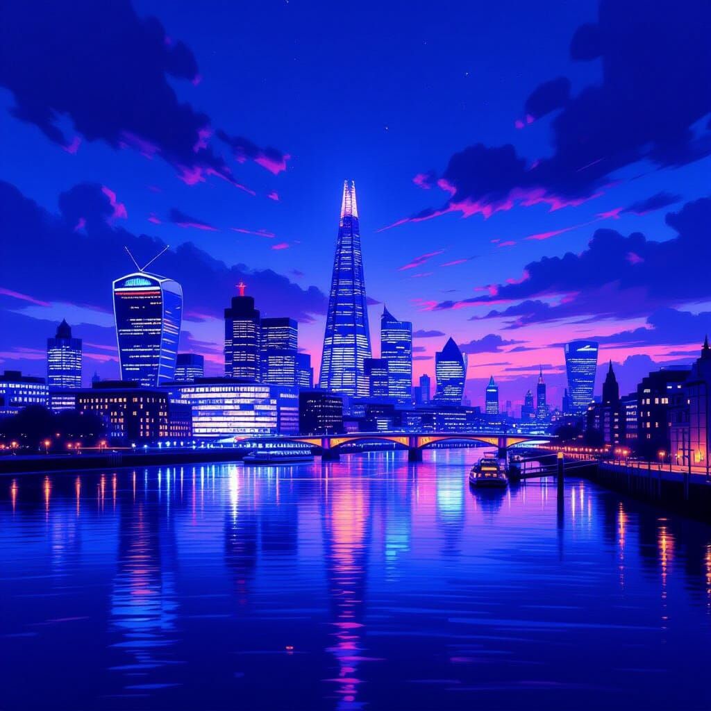 Futuristic London Skyline with Glowing Canary Wharf at Night