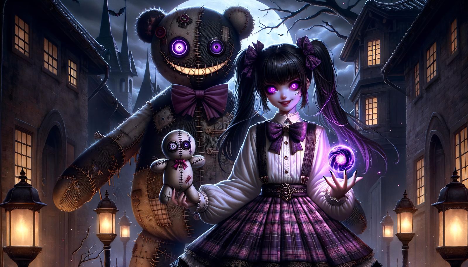 Eerie Gothic Girl with Ominous Doll in Anime Style