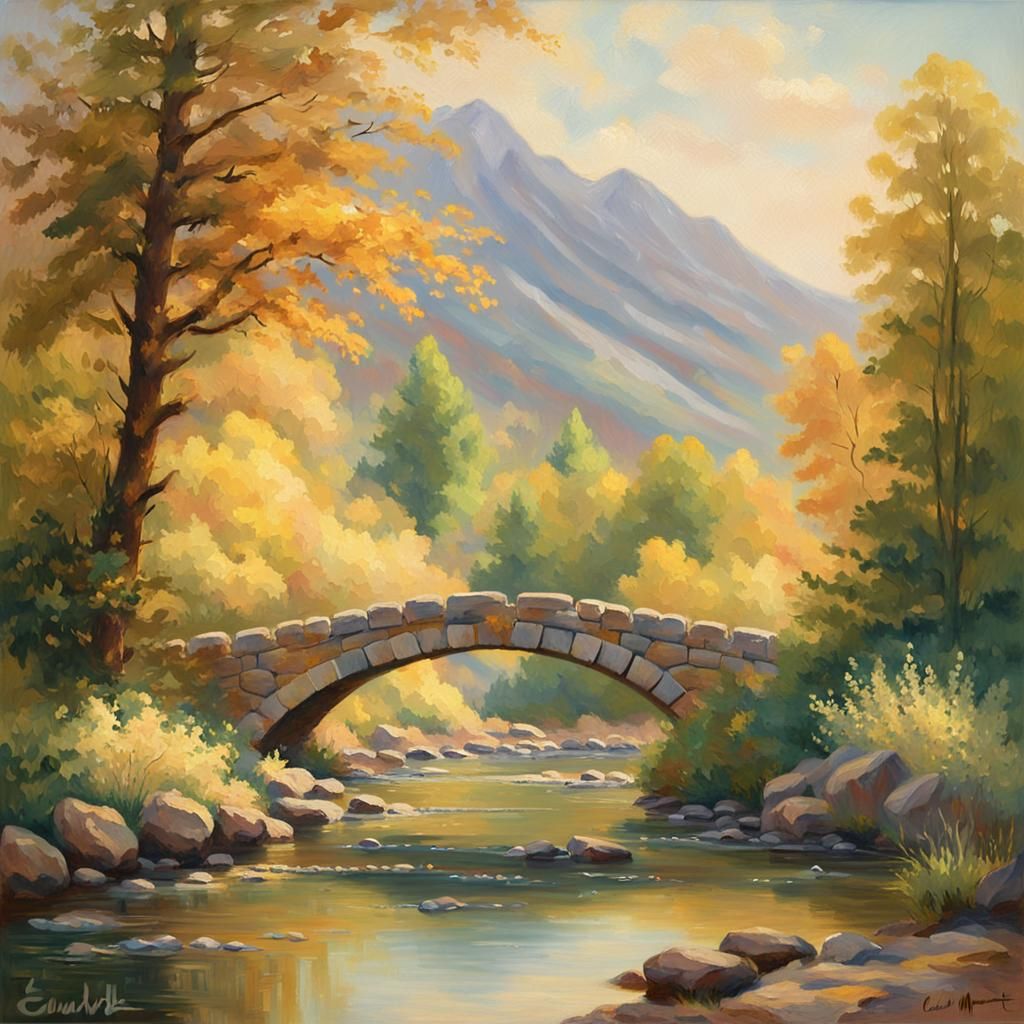 Idyllic Stone Bridge Landscape as Impressionist Oil Painting