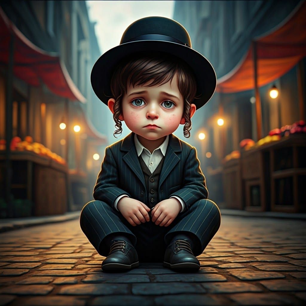 Young Hasidic Boy Sits Mournfully in Vibrant Market Scene