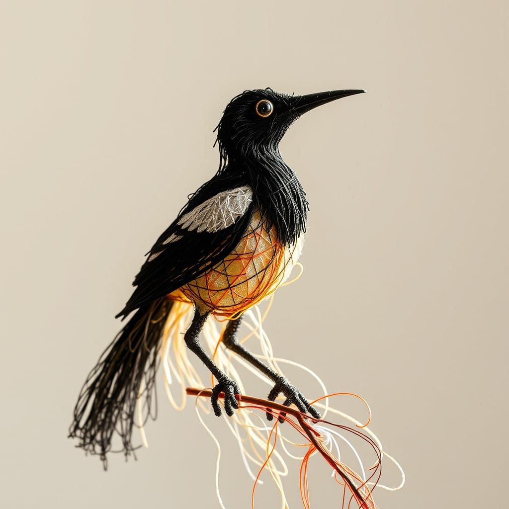 Magpie Crafted from Whimsical Tangle of Colored Strings