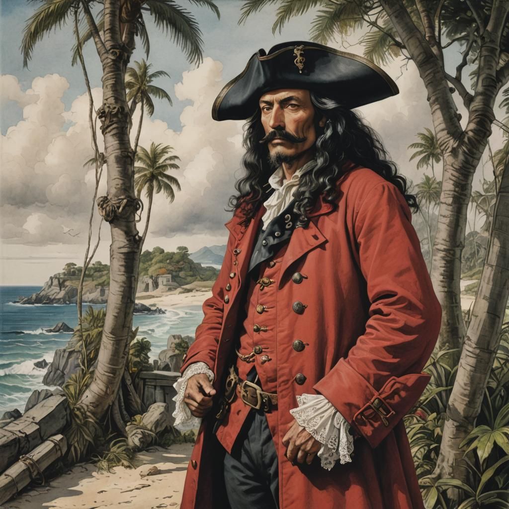Gentlemanly Pirate Chief on Tropical Island in Photorealism