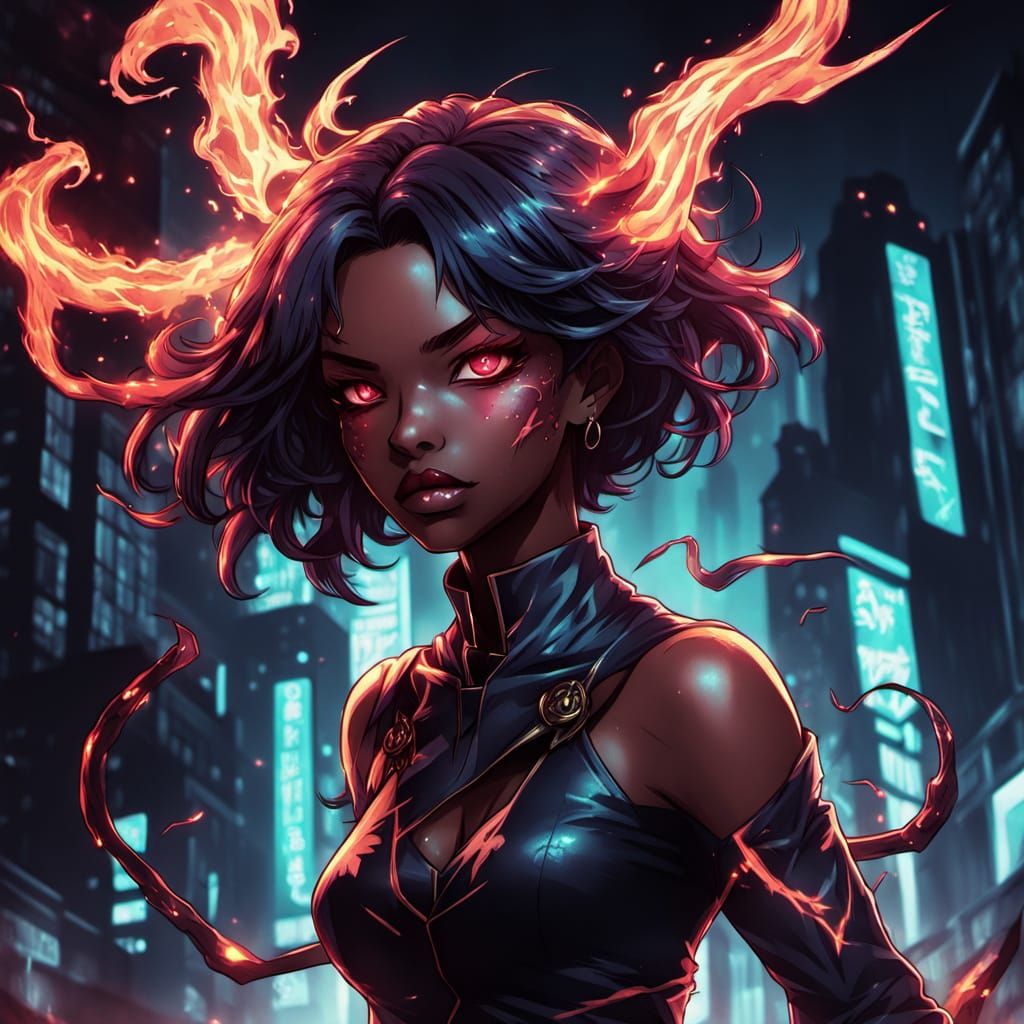 Demonic Eldritch African American Anime Demon Girl in Hellfi...