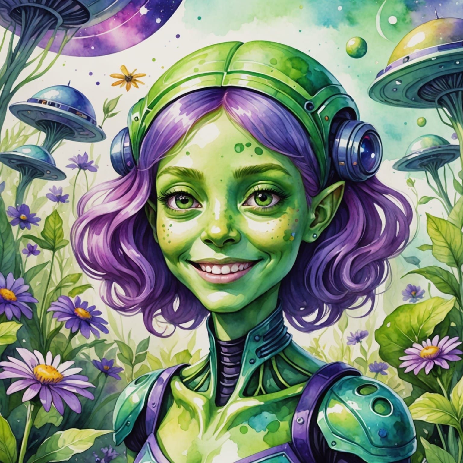 Smiling Green Alien Girl in Watercolor Garden