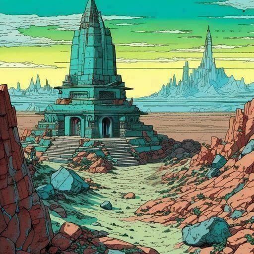Teal Crystals and Desert Temple, Moebius Style