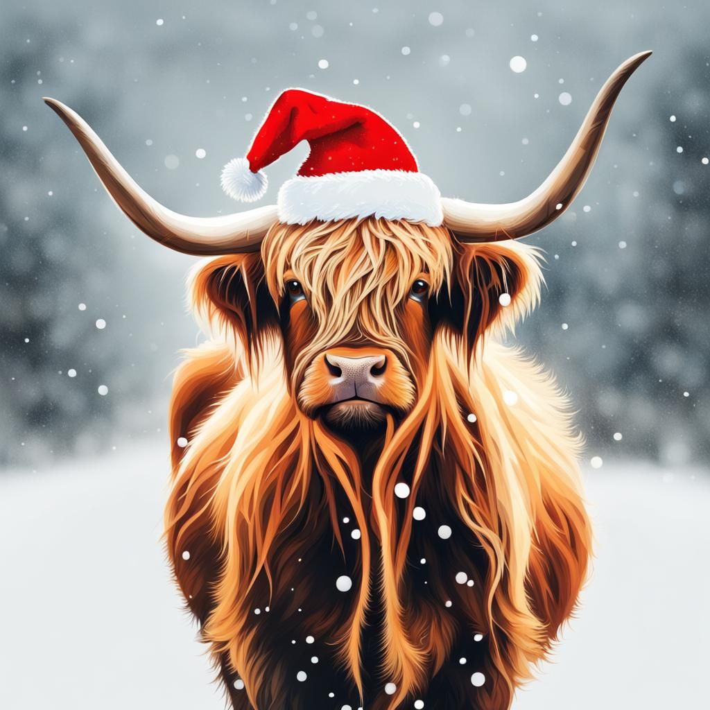 Highland Cow with Christmas Hat in Snow