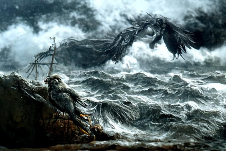 Galleon Amidst Harpies in Stormy Seas