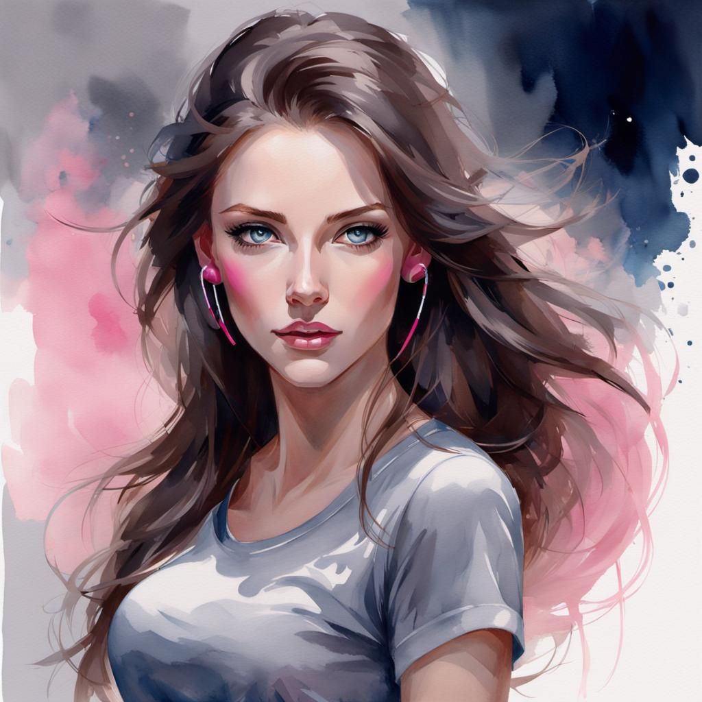 Watercolor Portrait of a Woman with Pink Earbuds