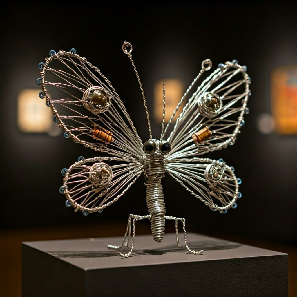 Twisted Metal Butterfly Sculpture in Modern Art Gallery