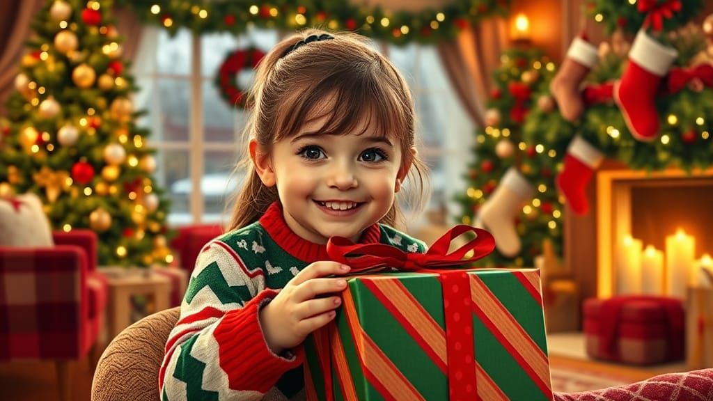 Girl's Joyful Christmas Gift Opening in Sentimental Realism