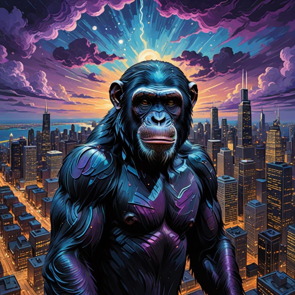 Stone Age Chimpanzee Time Travels to Chicago: Van Gogh Style