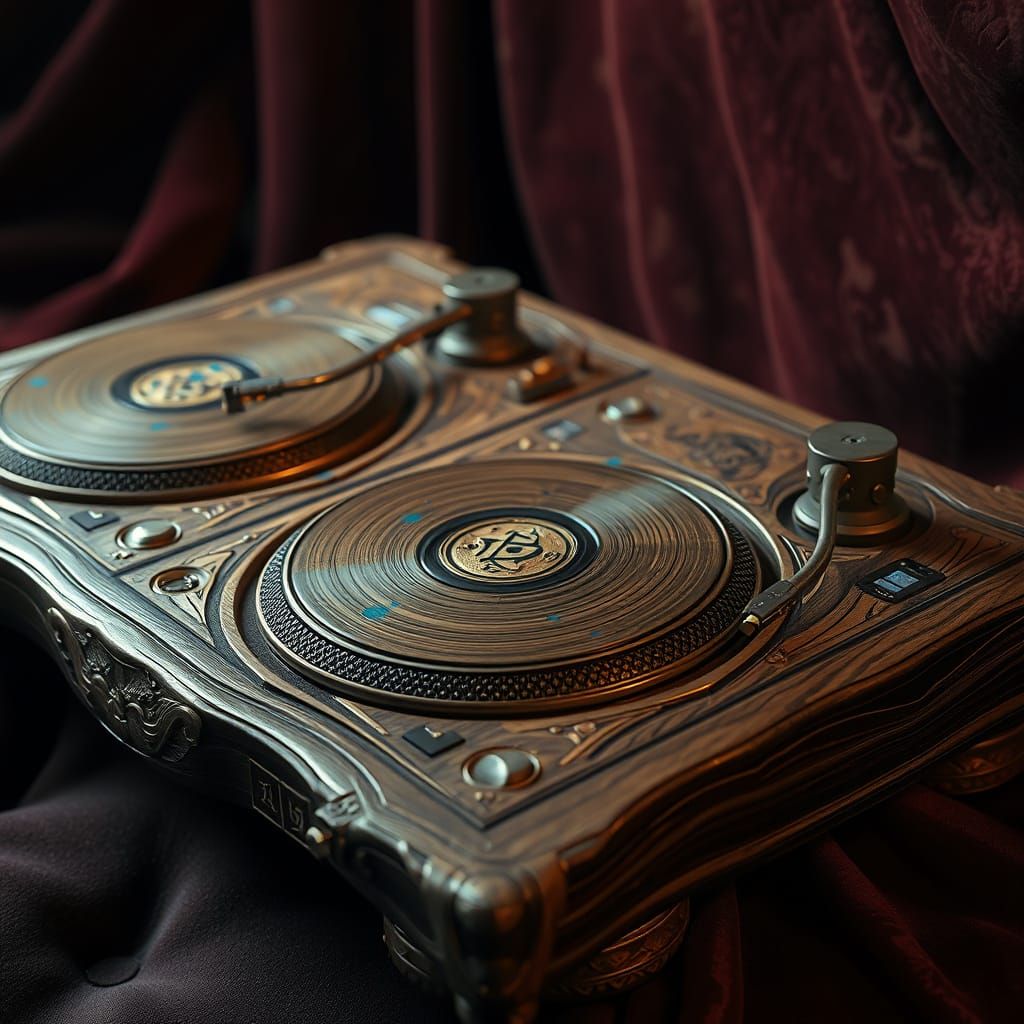 Mystical Oak Wood DJ Turntables in Golden Leaf and Blue Ink