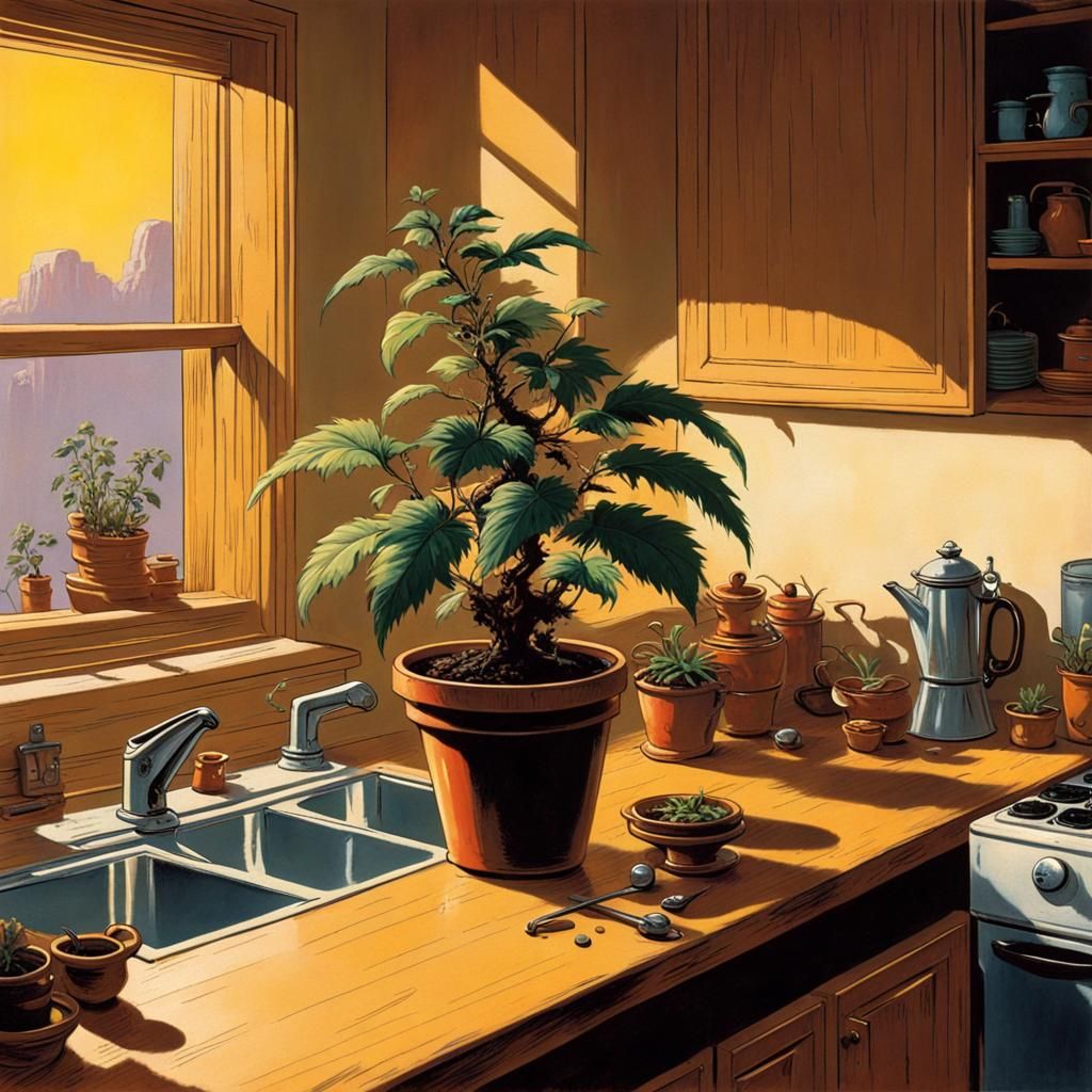 Potted Plant in Kitchen, 80s Comic Book Art