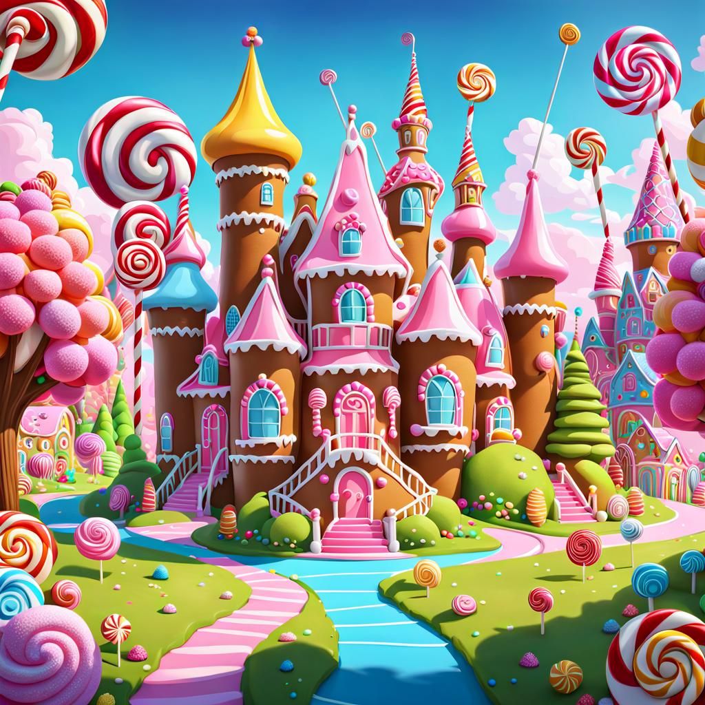 Whimsical Candyland Landscape with Gingerbread Castle