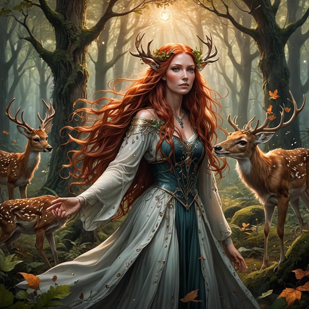 Sorceress Reaching for Fawn in Enchanted Forest