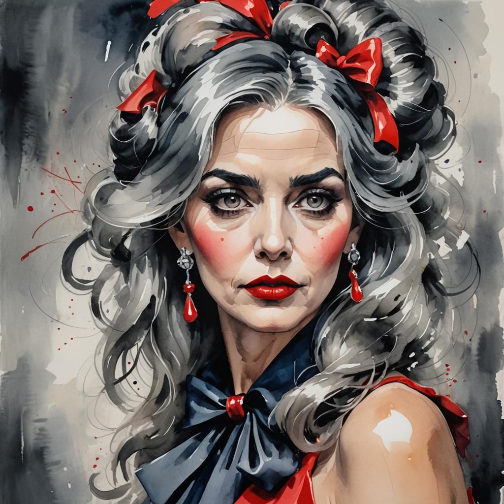 Elegant Woman with Grey Hair in Gouache Style