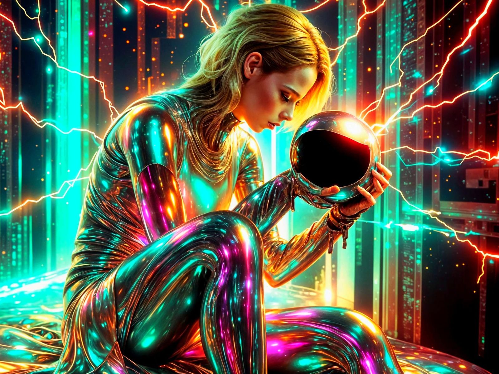 Futuristic Woman in Silver Jade Catsuit with Lightning