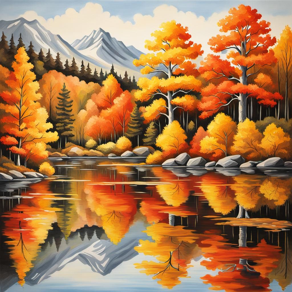 Peaceful Autumn Lake Reflection in Oil Painting Style
