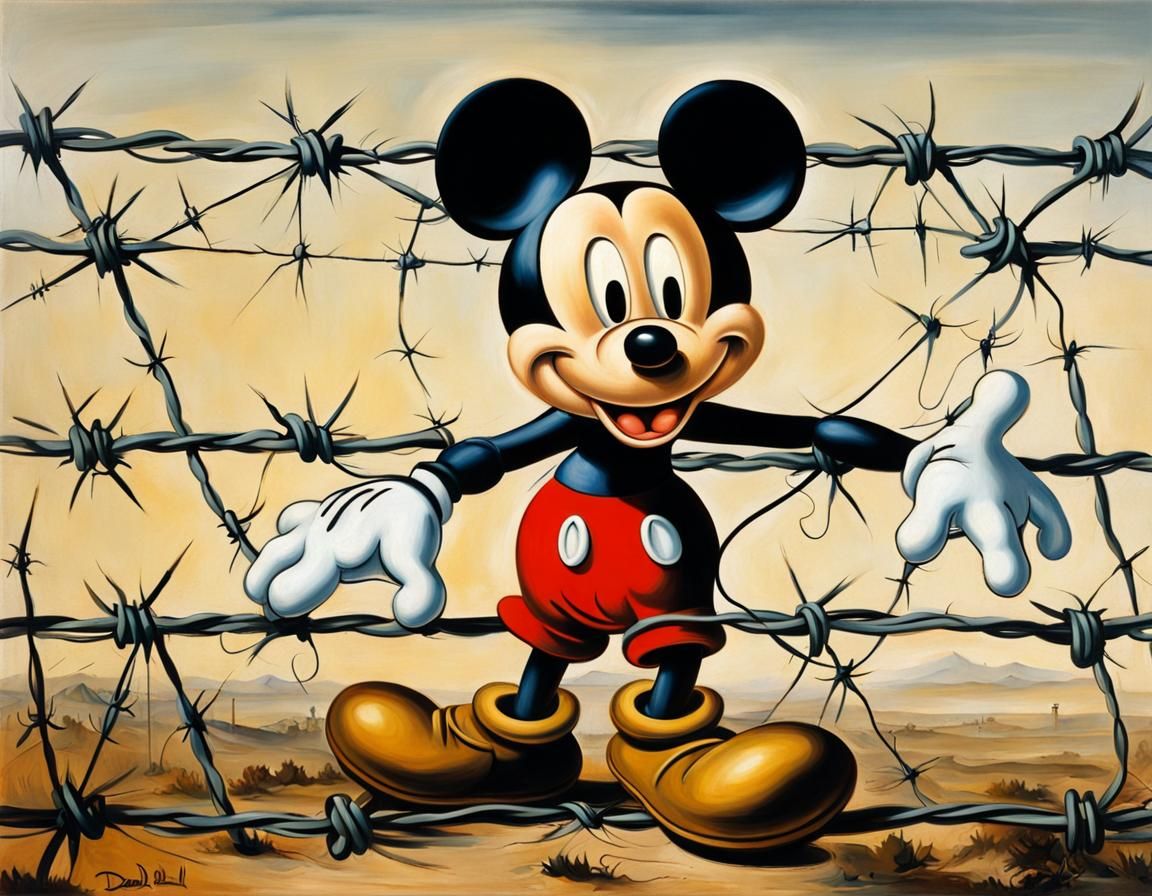 Mickey Mouse in Barbed Wire: Surreal Oil Painting