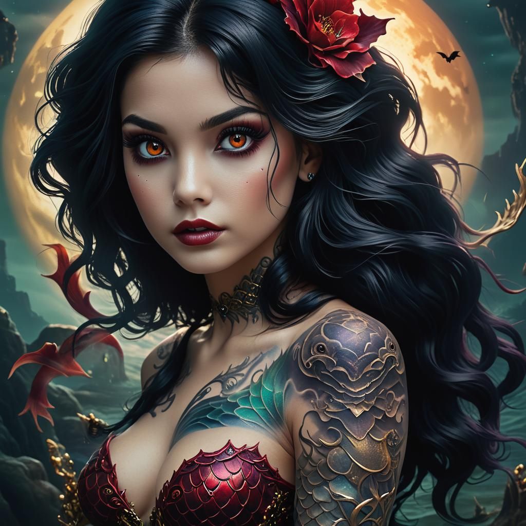 Halloween Mermaid Tattoo in Traditional Style