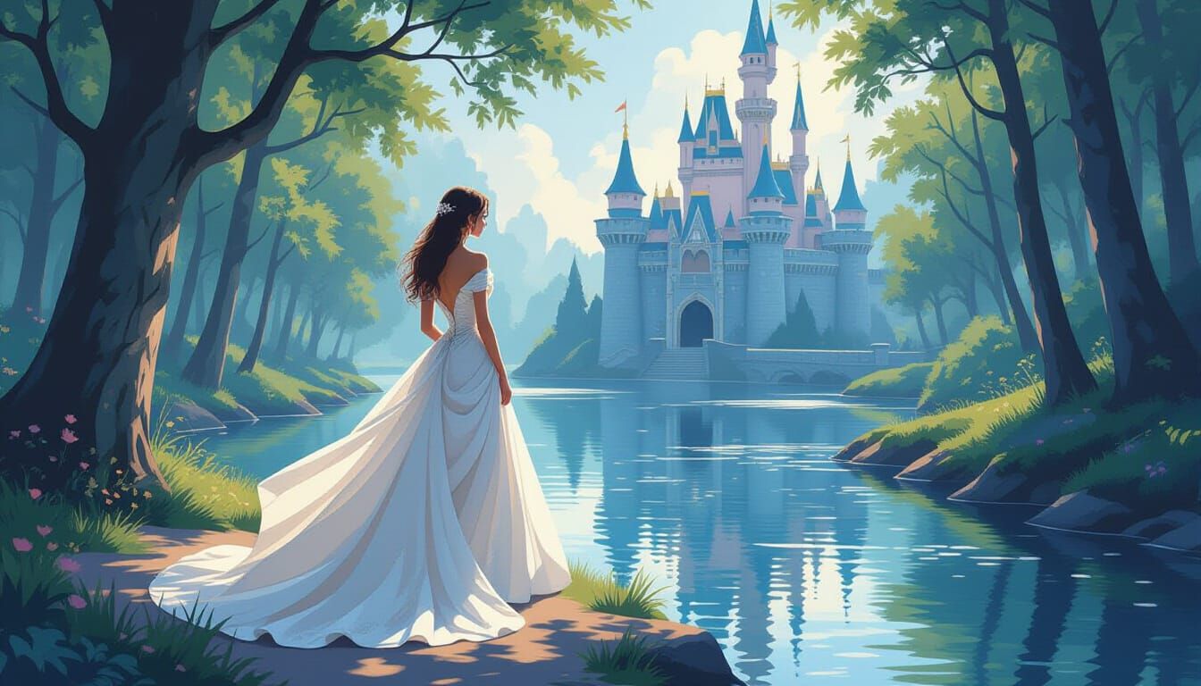 Ethereal Woman in Castle Moat: Dreamy Digital Art