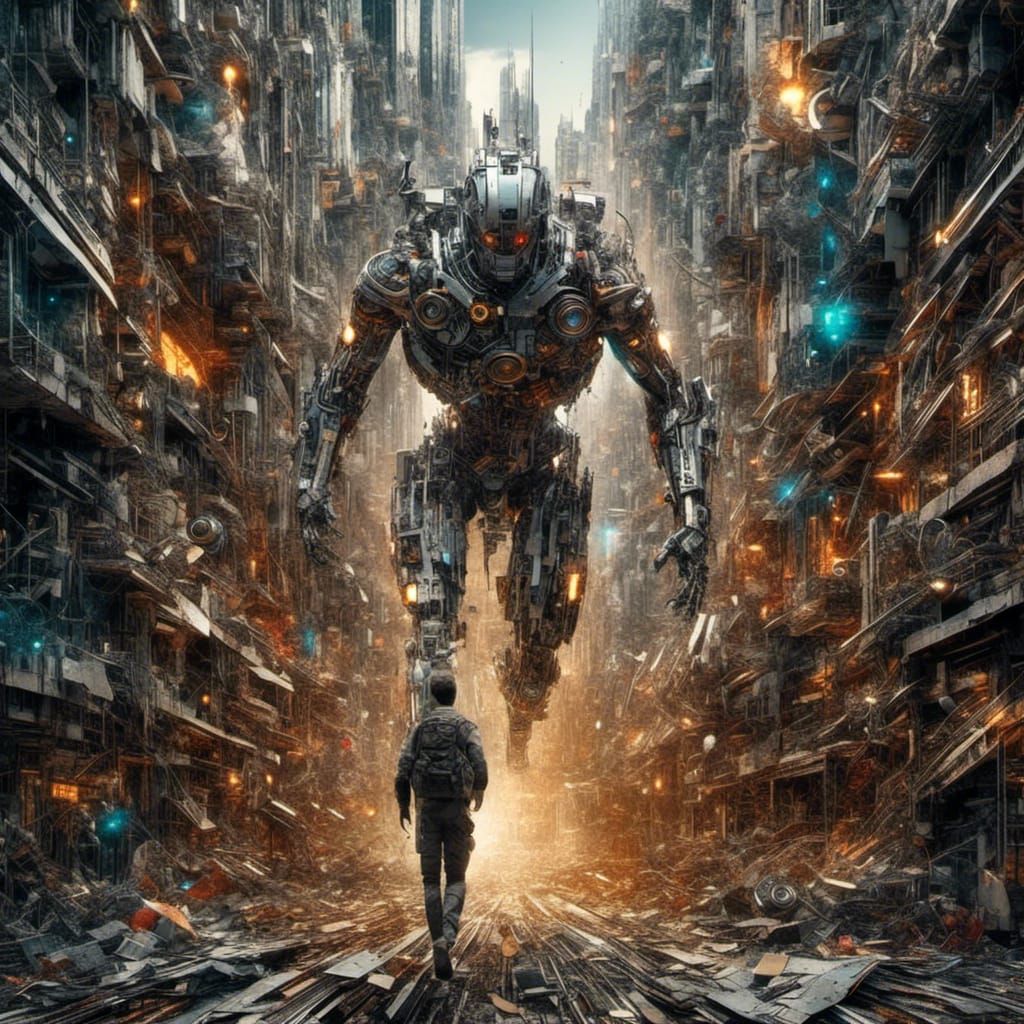 Cyborg AI Running: Mixed Media 3D Collage Art