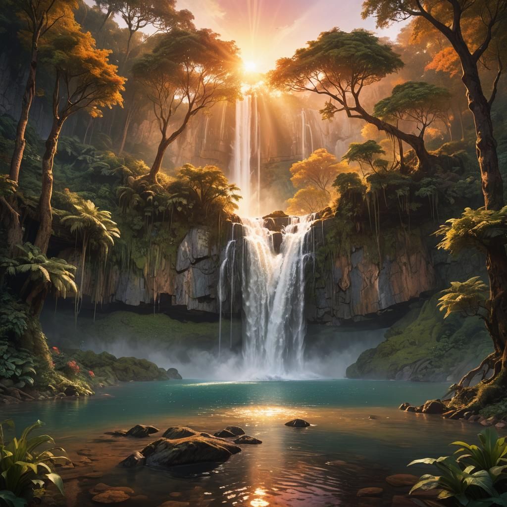 Magical Waterfall Sunset in Detailed Digital Art