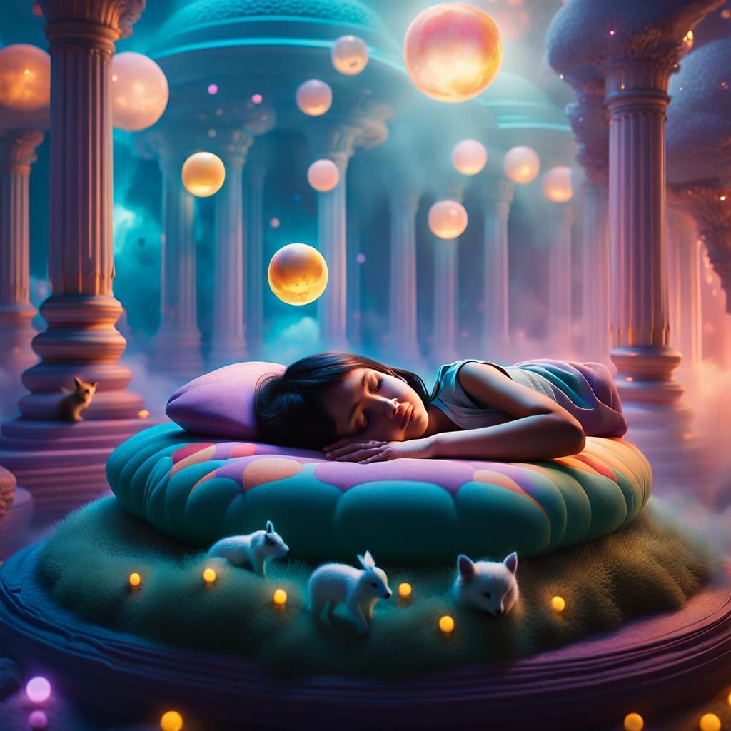 Surrealist Dreamscape: Kid Sleeping in Ethereal Fantasy