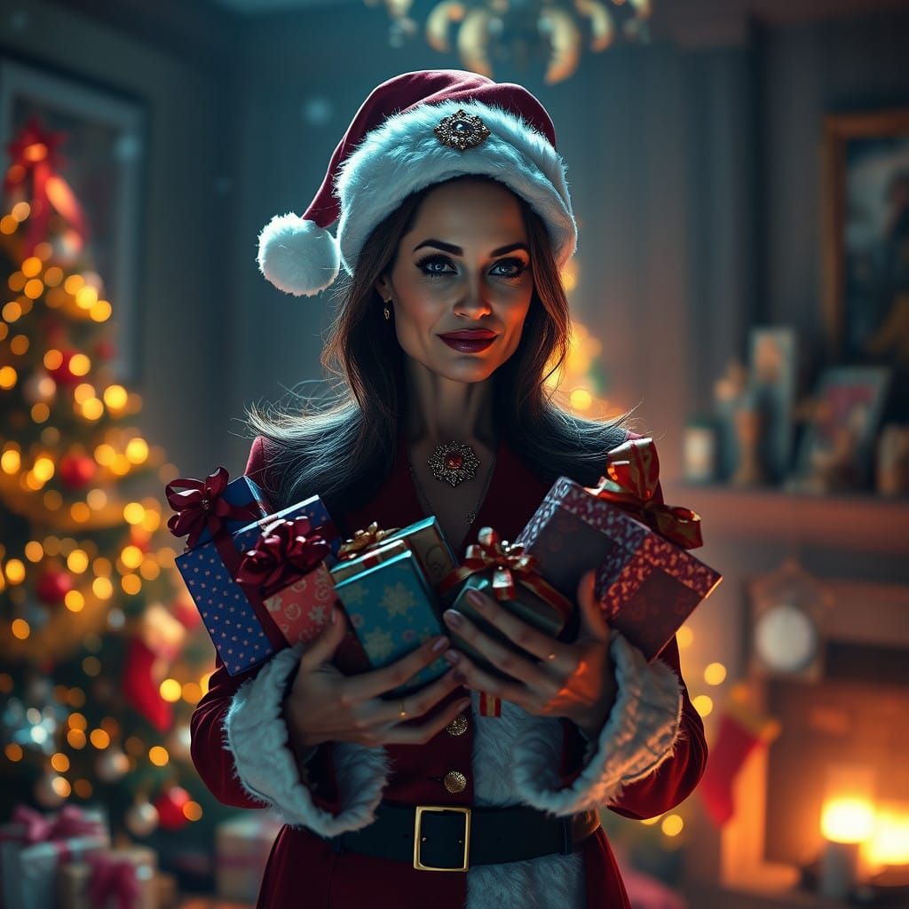 A Majestic Angelina Jolie as a Cyberpunk Santa Claus in Whim...