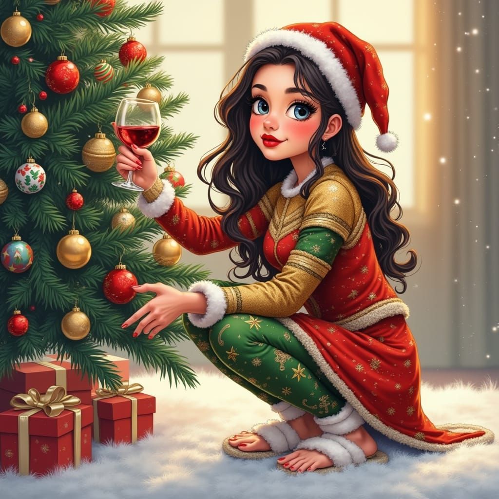 Whimsical Young Woman Decorating Tree in Glossy Acrylic Art