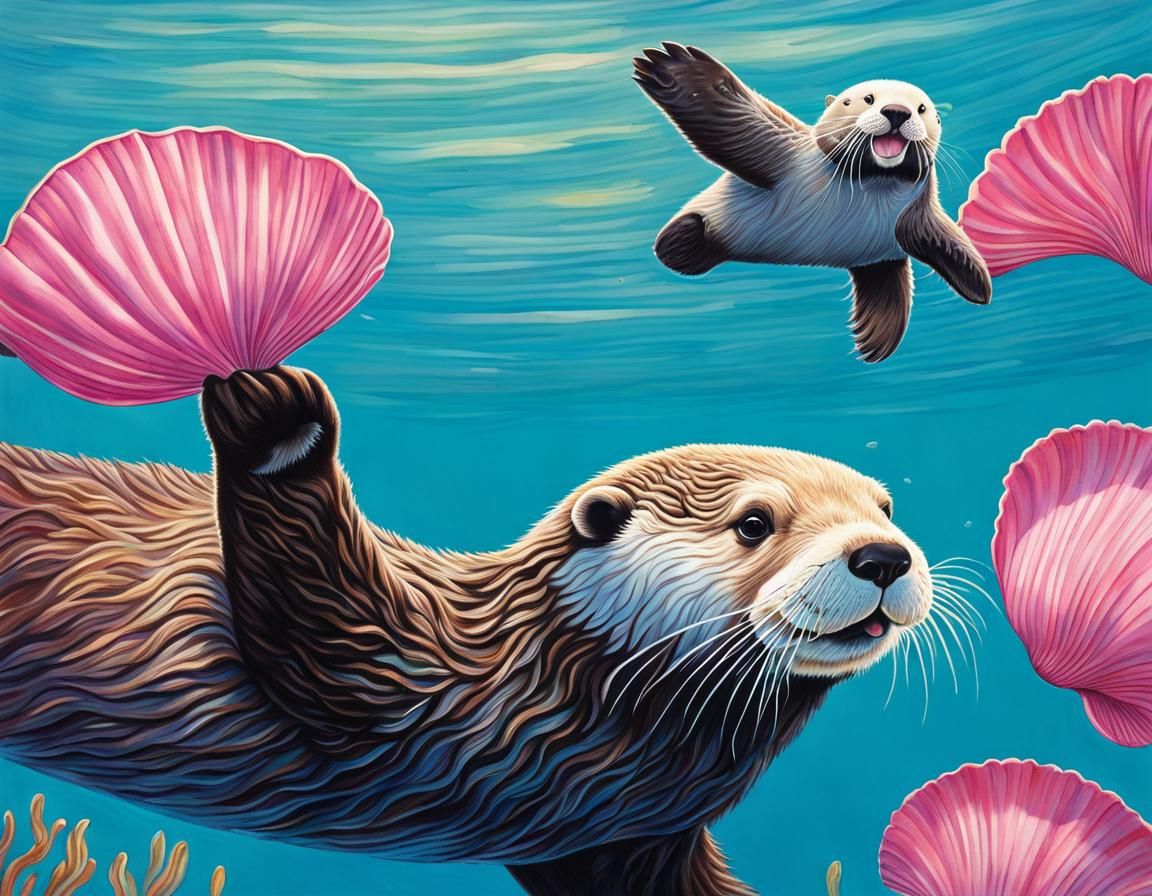 Smiling Sea Otter with Clam, Colored Pencil Art