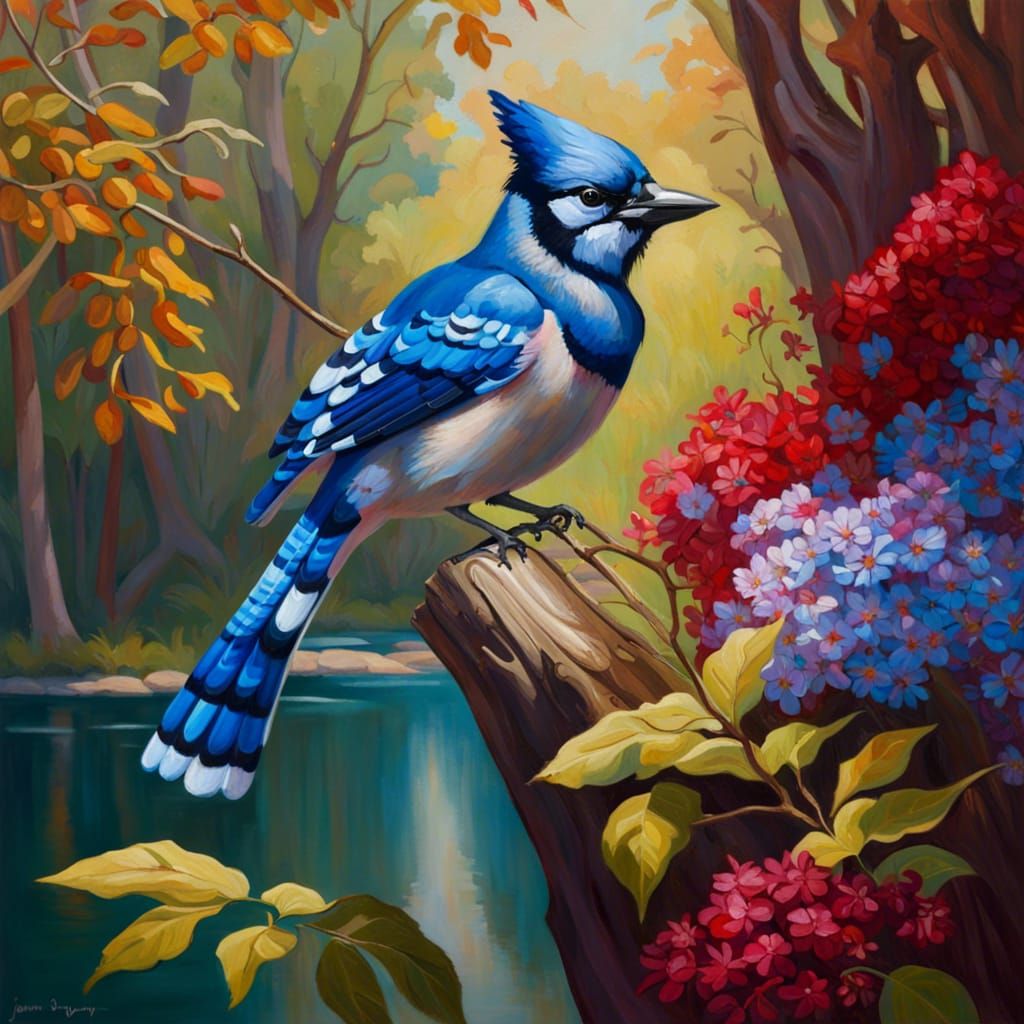 Cottagecore Bluejay in Sunny Woodland Scene