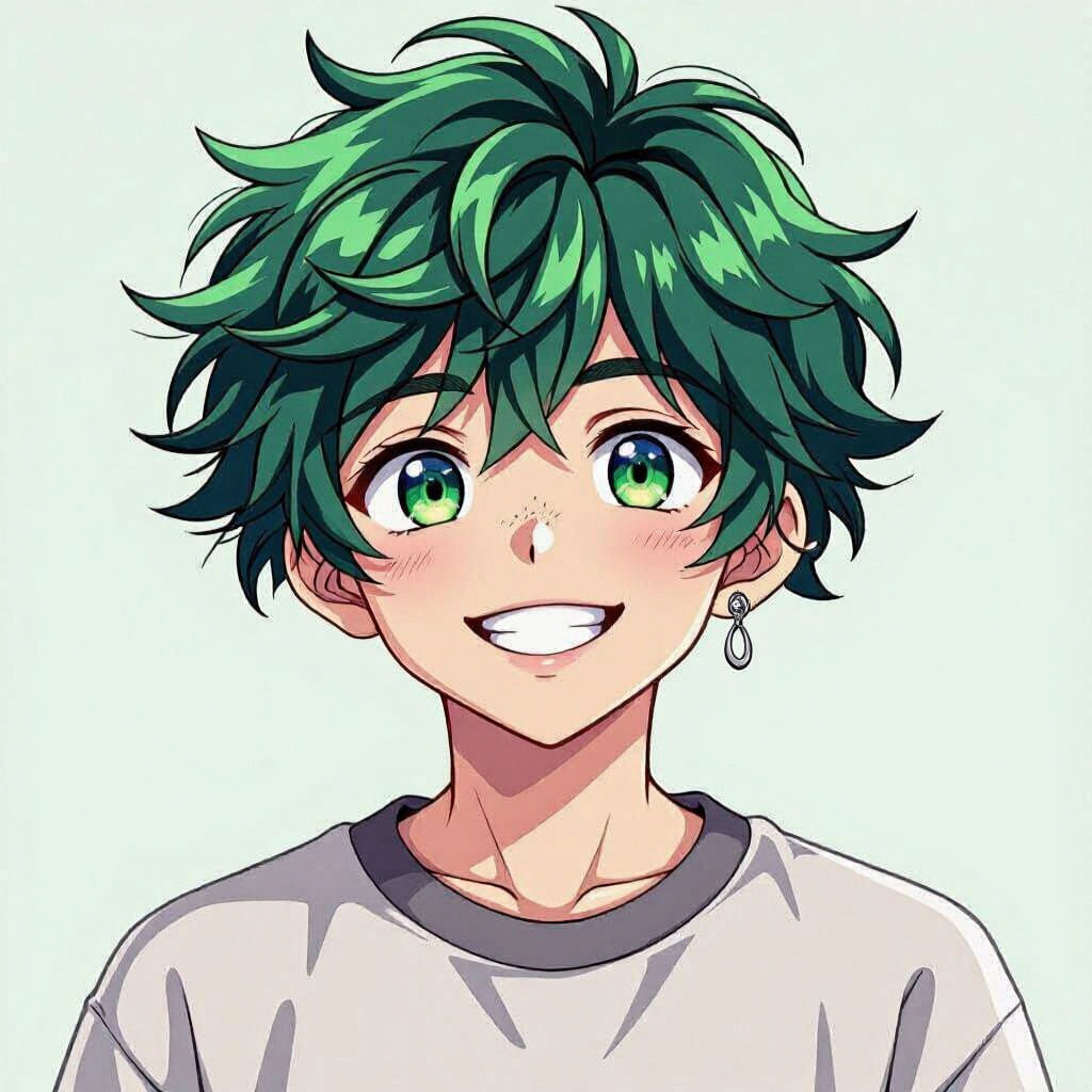 Anime Style Portrait of Cheerful Teen with Green Hair
