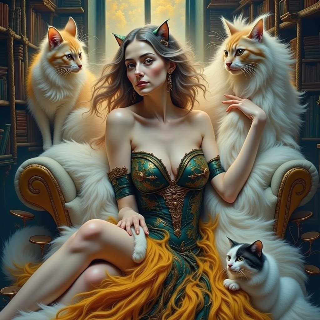Woman Surrounded by Cats in a Cozy Library