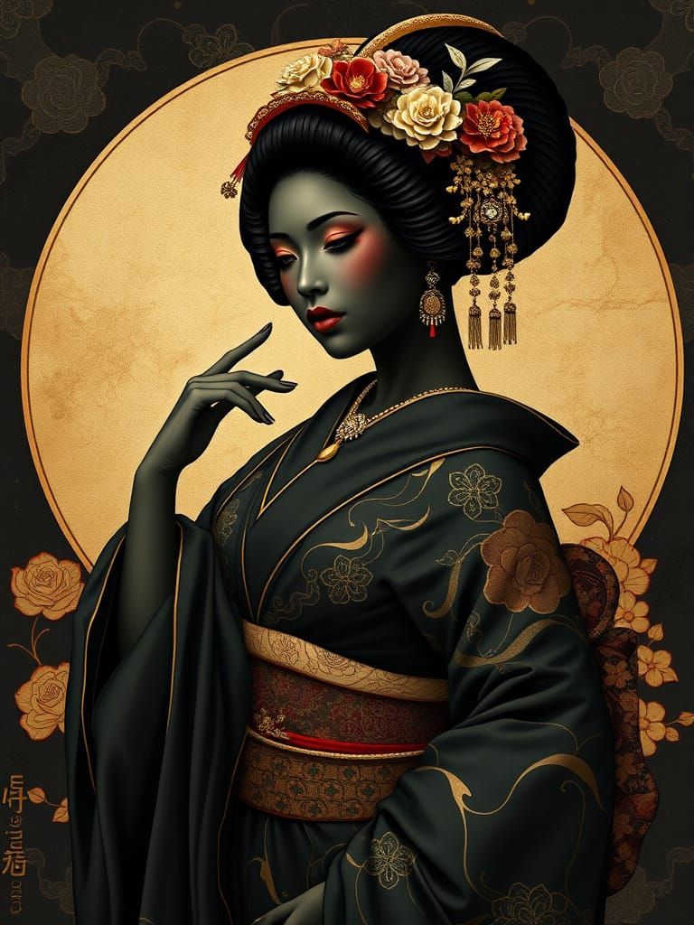 Elegant Geisha Portrait in Art Nouveau Style