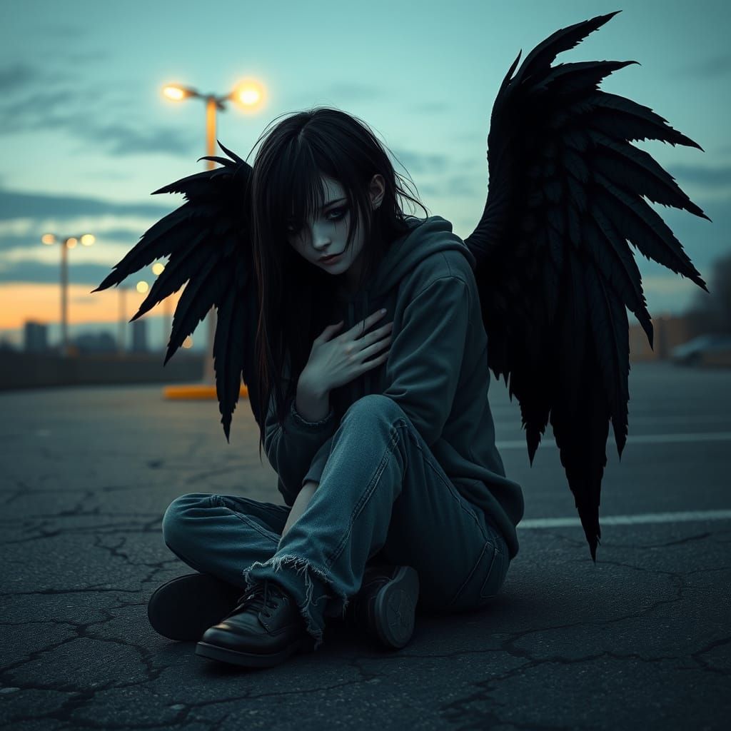 Melancholic Gothic Angel Weeps in Desolate Parking Lot