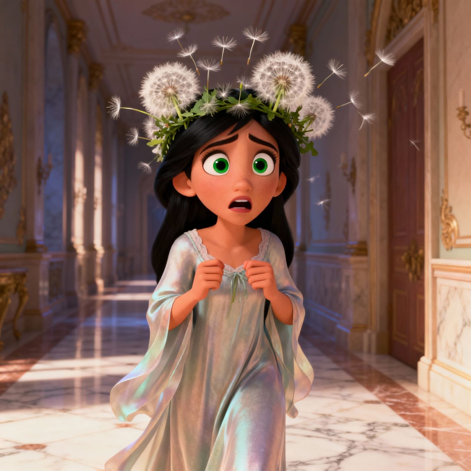 Scared Woman in Dandelion Crown, Disney Style