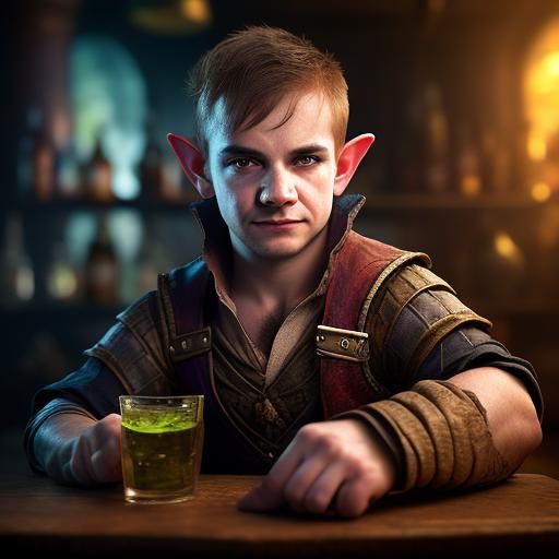 Pessimistic Halfling Bartender in a Fantasy Splash Art