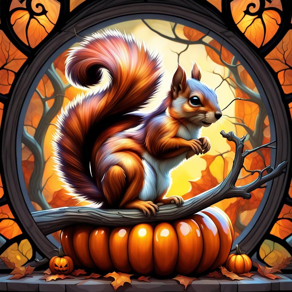 cute little squirrel on a branch carved in a transparent stained glass pumpkin