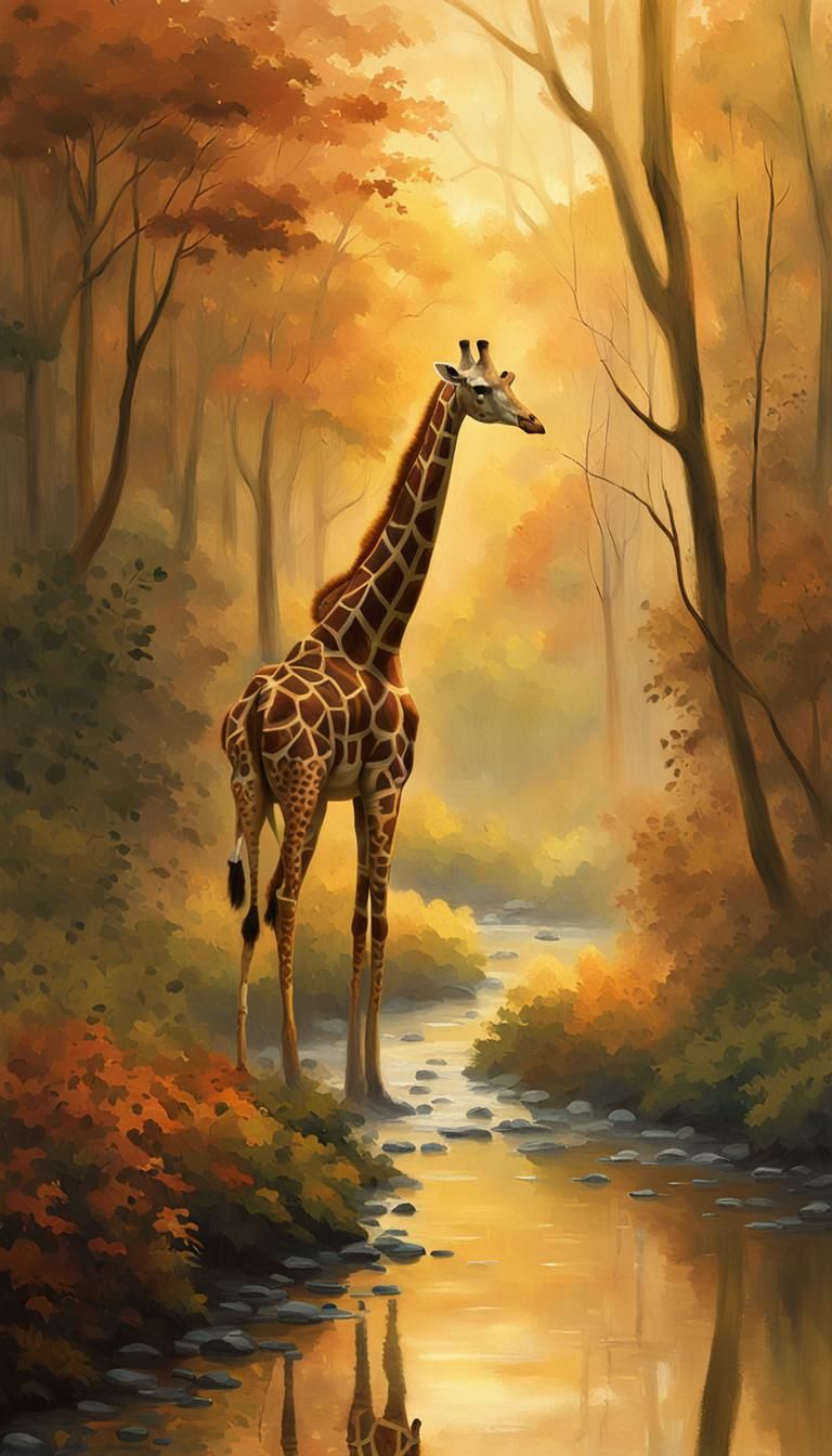 Giraffe in Amazon Rainforest at Sunset, Impressionist Painti...