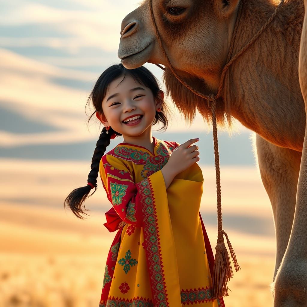 Mongolian Girl Laughs with Loyal Camel in Traditional Steppe...