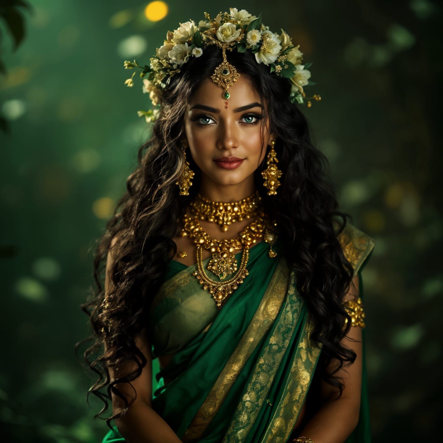 Celestial Goddess Ahalya in Green Saree, Film Still