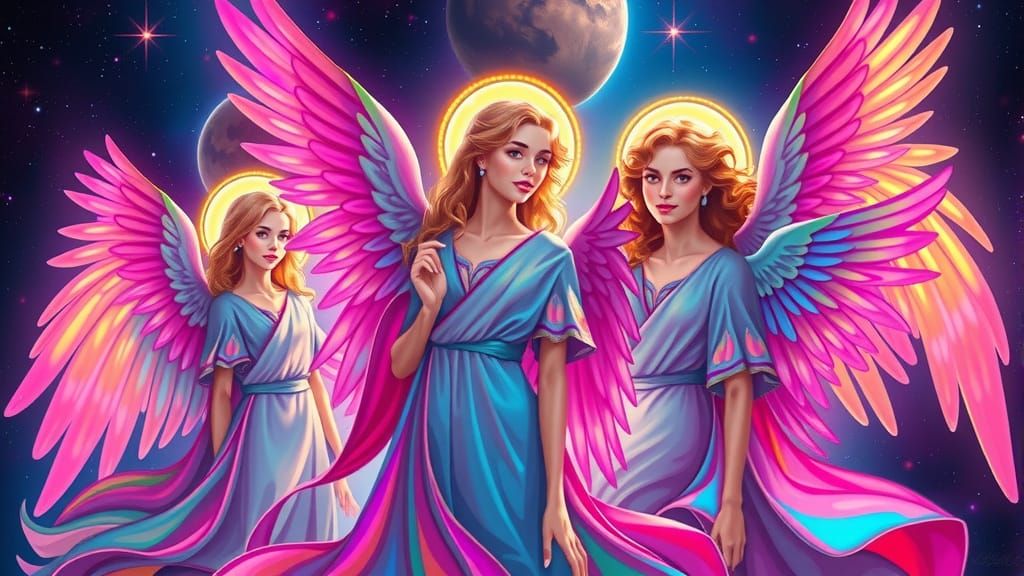 Vibrant Rainbow Angels with Shimmering Halos